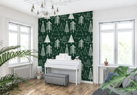 A winter woodland wallpaper showcasing doodle-style evergreens with sparkling star details.