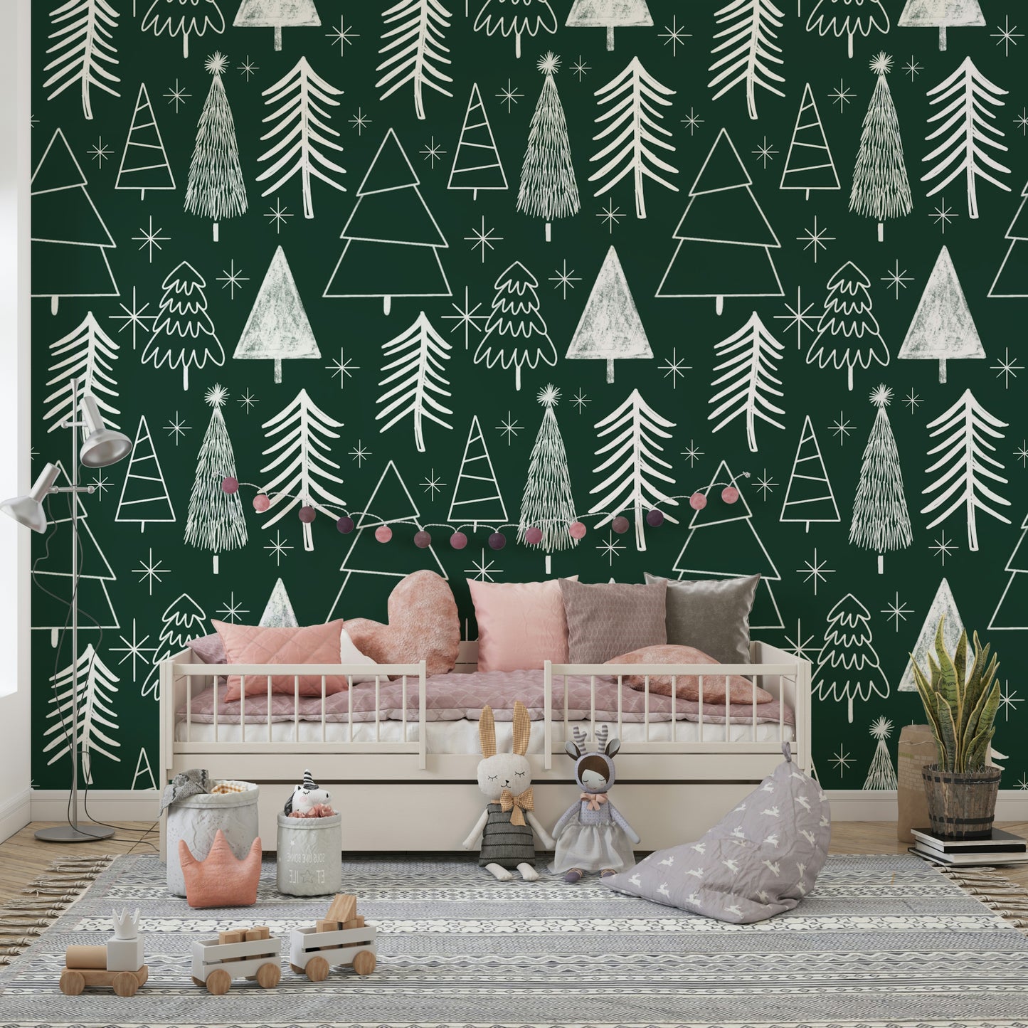 Minimalist chalk-drawn pine trees scattered across a forest-green wallpaper with star motifs.
