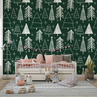 Minimalist chalk-drawn pine trees scattered across a forest-green wallpaper with star motifs.