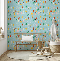 Christmas lights wallpaper featuring vibrant bulbs and scattered star motifs on a soft blue background.