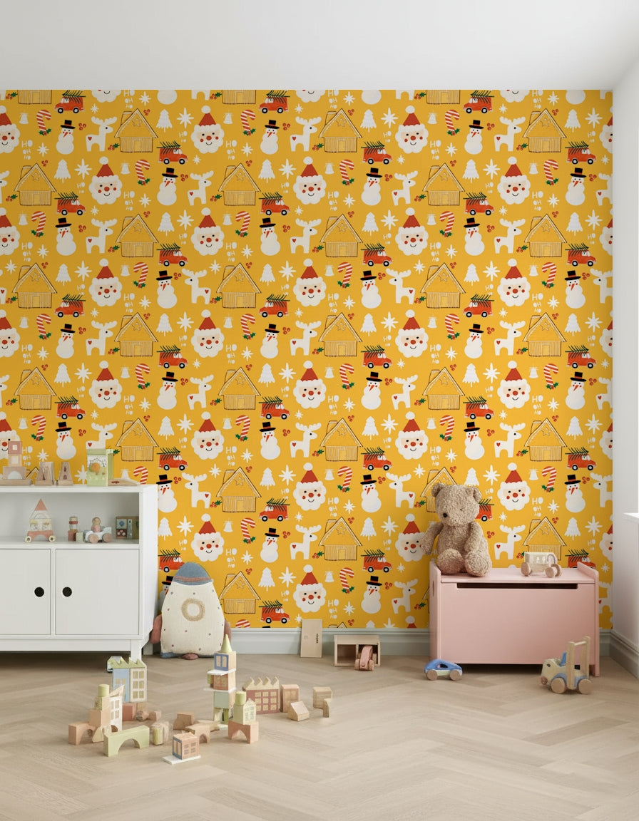A cheerful Christmas wallpaper pattern with cottages, Santas, snowflakes, and reindeer on yellow.