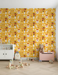 A cheerful Christmas wallpaper pattern with cottages, Santas, snowflakes, and reindeer on yellow.