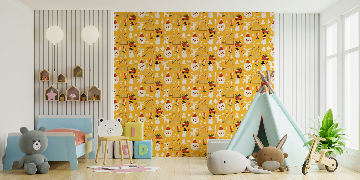 Whimsical Christmas characters and cozy cabins scattered across a cheerful yellow holiday wallpaper.