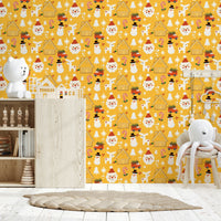 Holiday-themed wallpaper featuring repeated winter characters and Christmas elements in a playful layout.