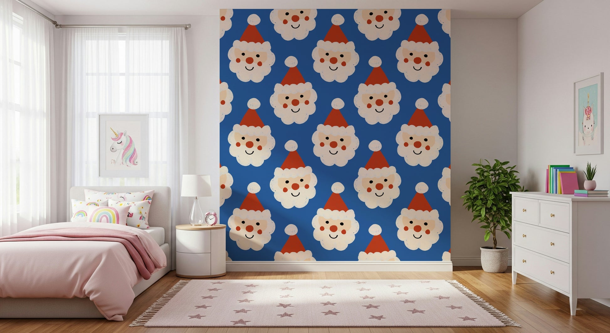 A charming Santa wallpaper showcasing happy holiday faces for a cheerful festive décor.