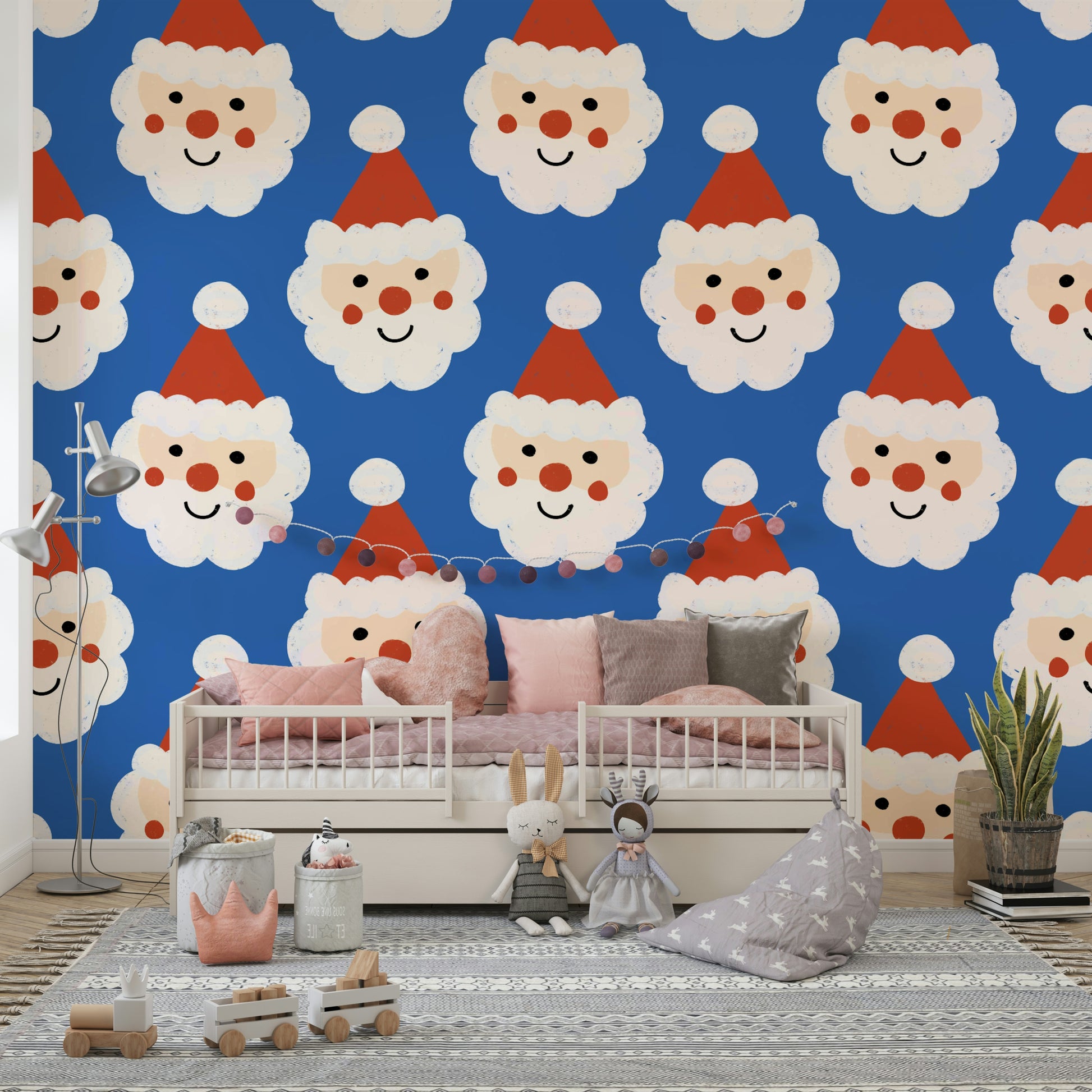 A bright blue holiday wallpaper with smiling Santa illustrations arranged in neat rows.