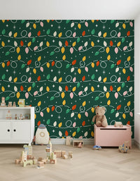 A cozy festive wallpaper featuring pastel and vibrant Christmas lights in a repeating pattern.