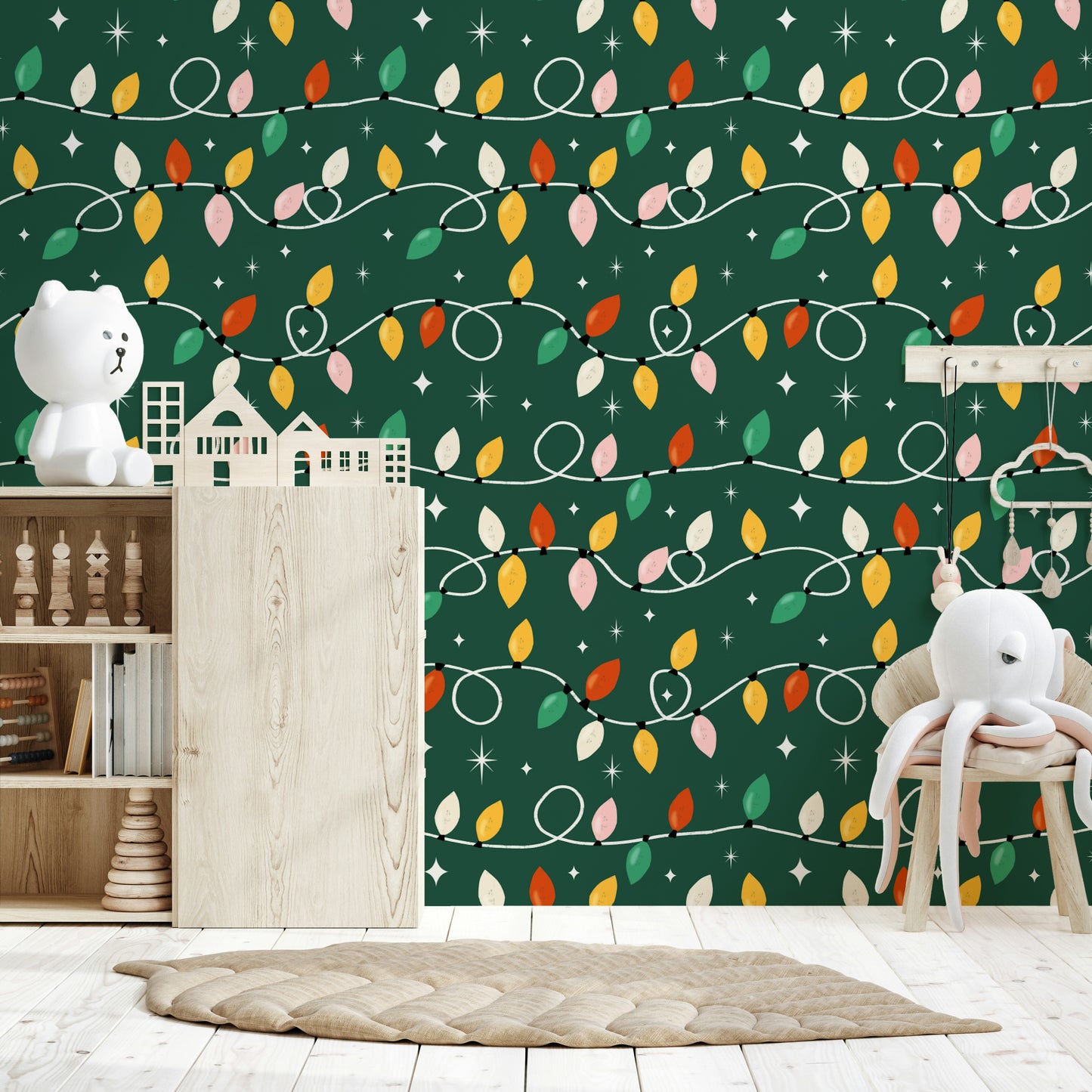 A decorative wallpaper showing wavy strings of colorful Christmas lights and sparkly stars.