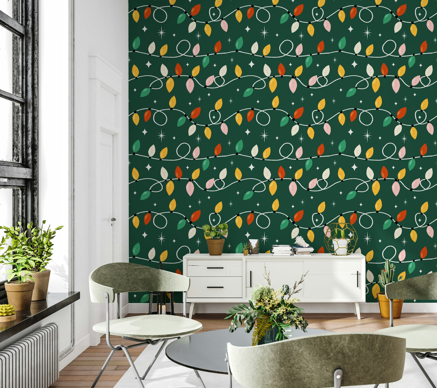 Twinkling retro bulbs arranged in looping rows on a rich green holiday wallpaper.