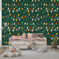 A playful wallpaper decorated with multicolored festive bulbs arranged in wavy, looping strings.