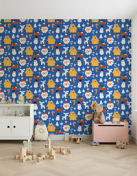 A joyful holiday wallpaper decorated with doodle-style cabins, candy canes, Santas, and snowflakes.