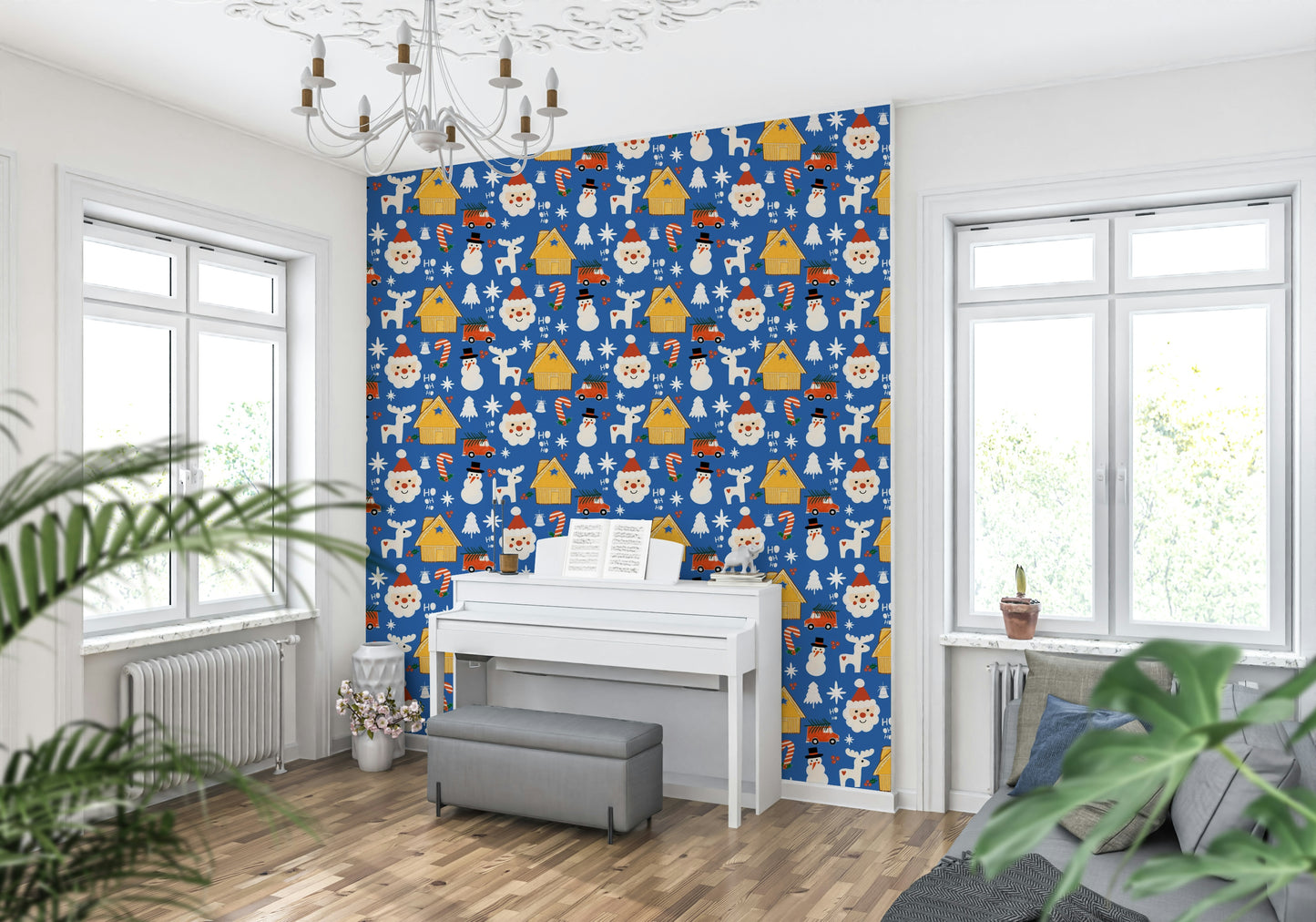 A whimsical Christmas wallpaper decorated with doodle-style festive characters and winter symbols.