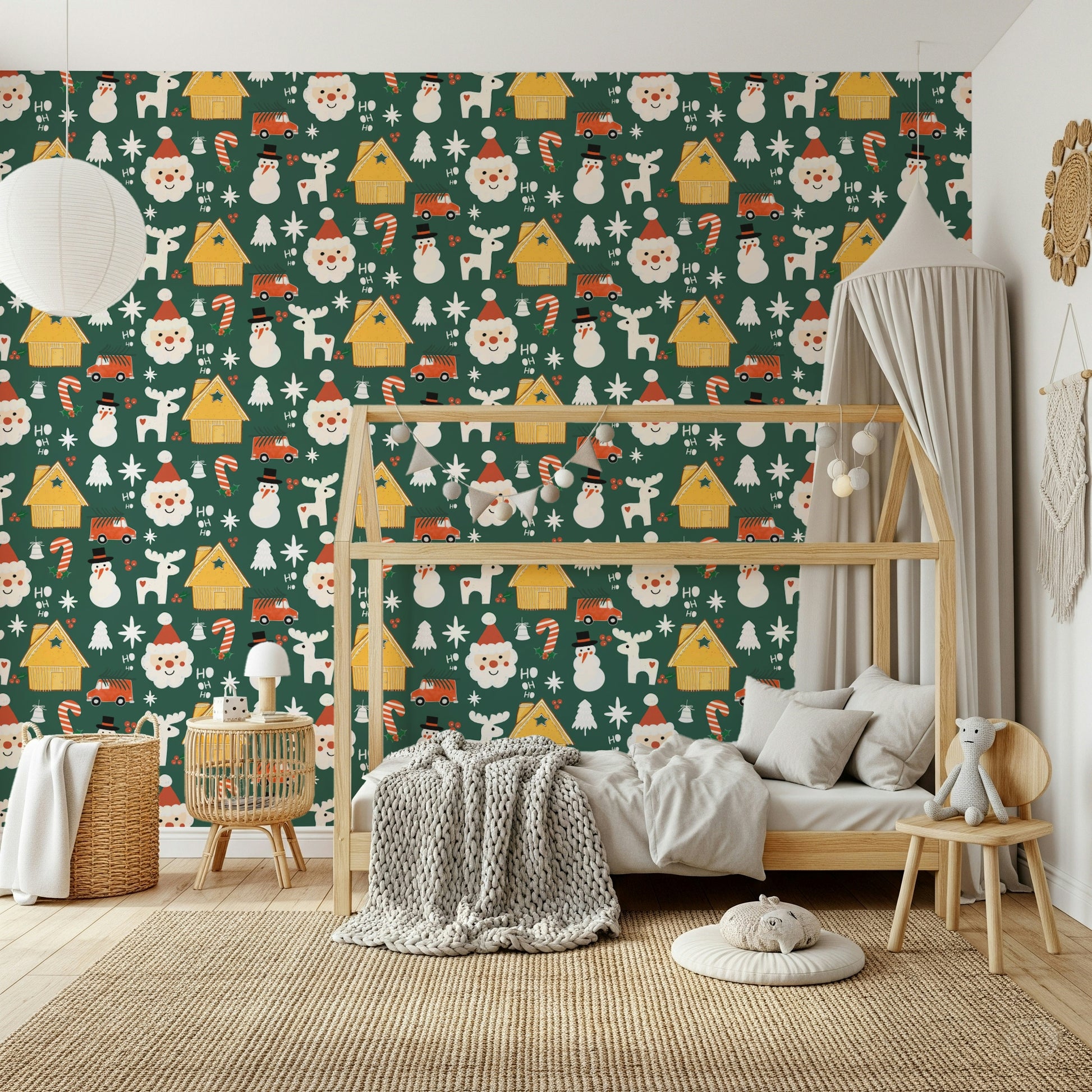 A cute holiday wallpaper filled with winter friends such as Santa, reindeer, and cheerful snowmen.