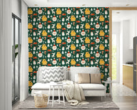 Whimsical winter wallpaper displaying friendly Santa faces, reindeer, and holiday cabins in a repeating pattern.