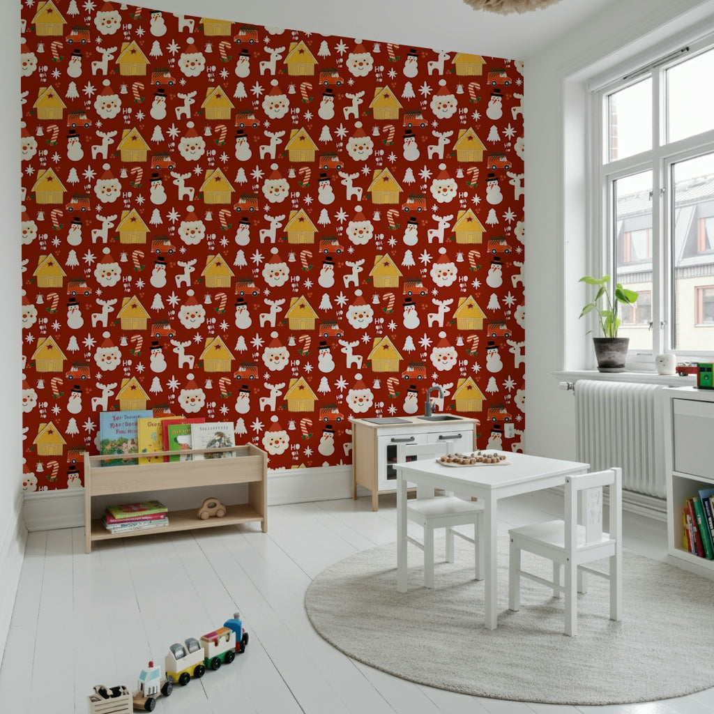 Holiday-themed wallpaper showcasing repeating retro icons including candy canes, trees, and cheerful Santas.