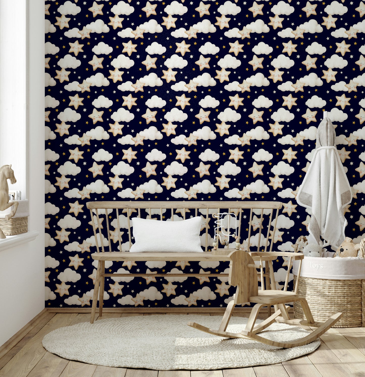 Cute star and cloud illustrations scattered across a dark night sky in a whimsical wallpaper design.