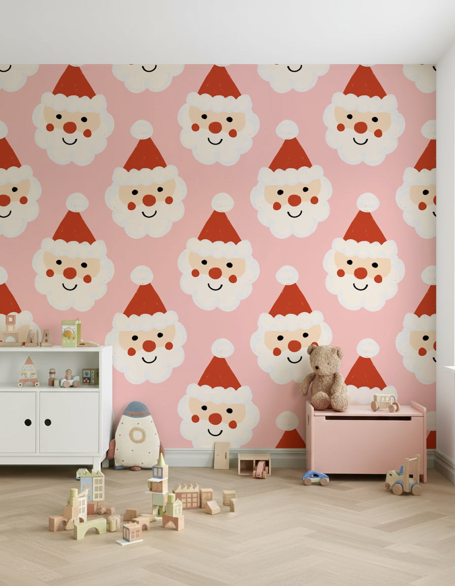 Smiling Santa Claus illustrations scattered across a pink wallpaper for a fun holiday look.