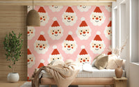 Charming Santa faces forming a playful Christmas wallpaper on a soft pastel background.