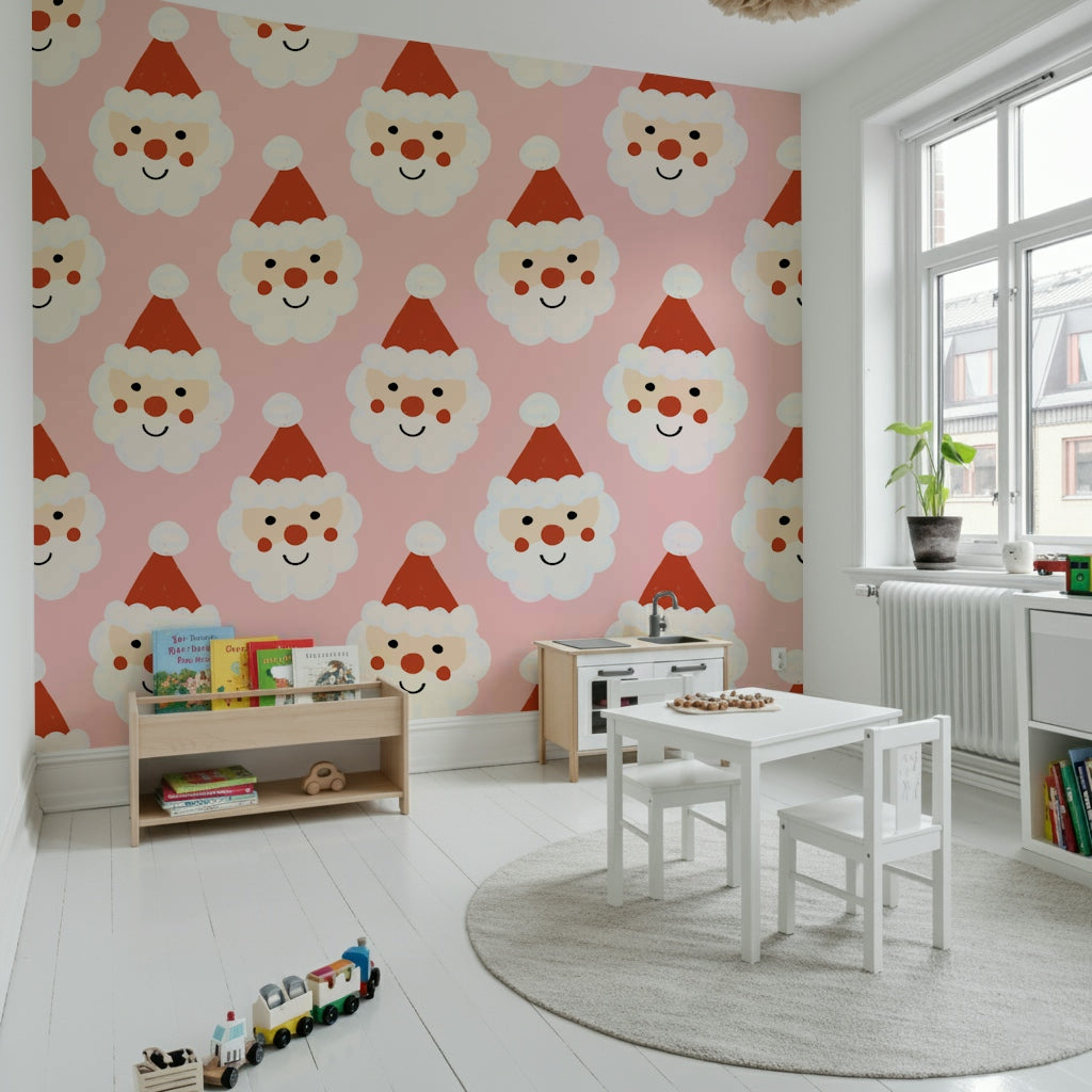 A whimsical Christmas wallpaper showing smiling Santa Claus illustrations on a pastel pink backdrop.