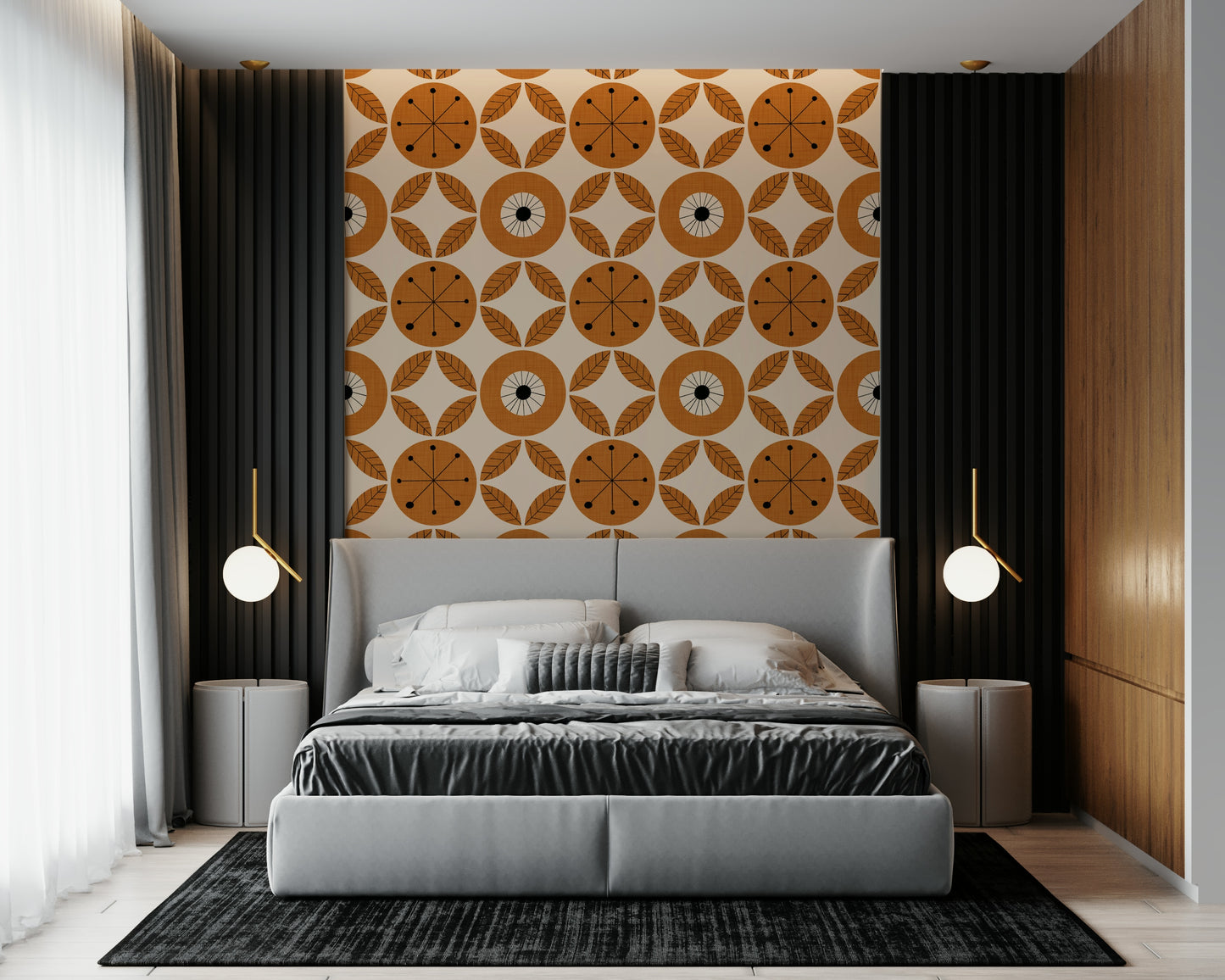 Warm-toned mid-century wallpaper decorated with orange spokes, circular forms, and leaf accents.