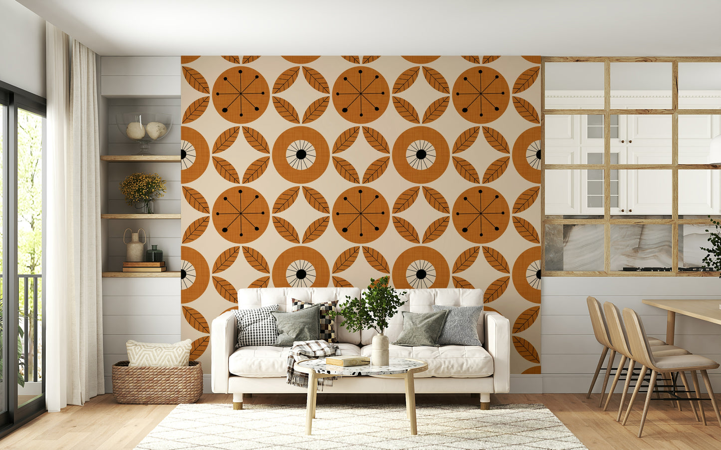 A retro wallpaper showcasing mid-century modern circles paired with symmetrical leaf designs.