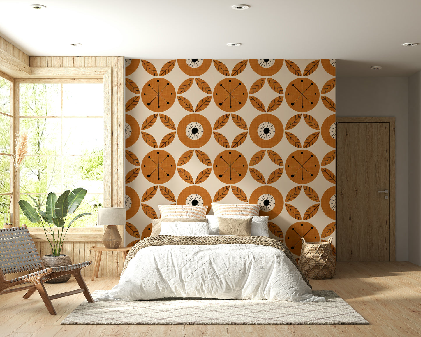 Orange-toned wallpaper featuring vintage circular motifs and radiating leaf elements.