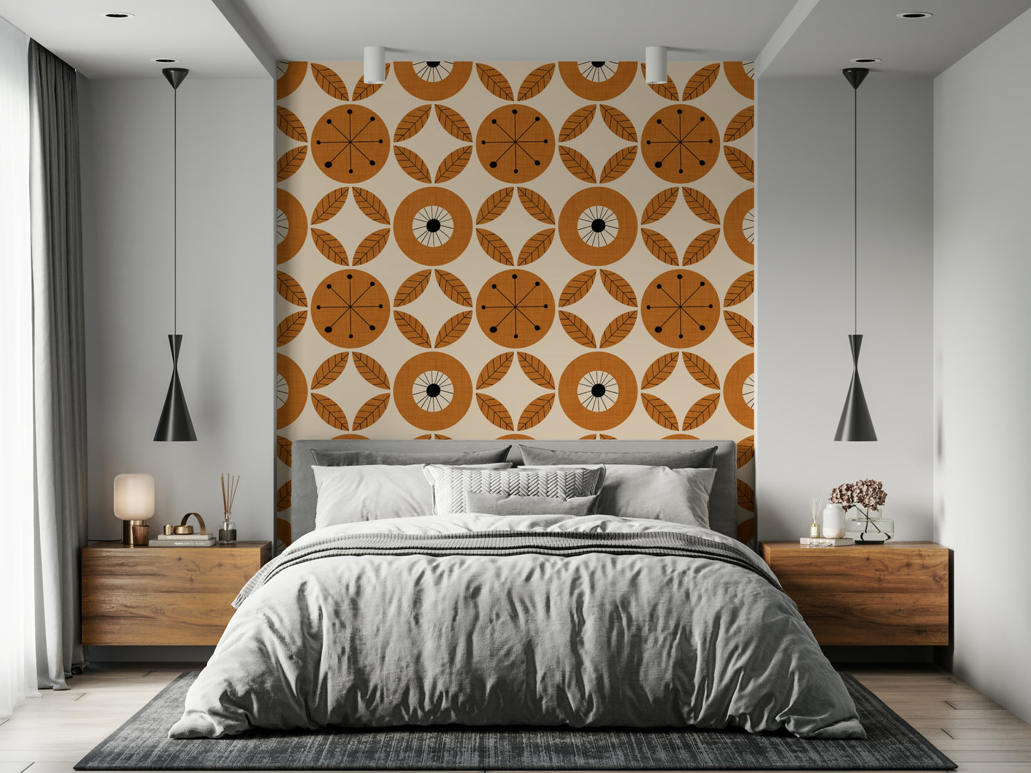 Warm retro wallpaper showcasing geometric circles and simple leaf designs in a mid-century style.