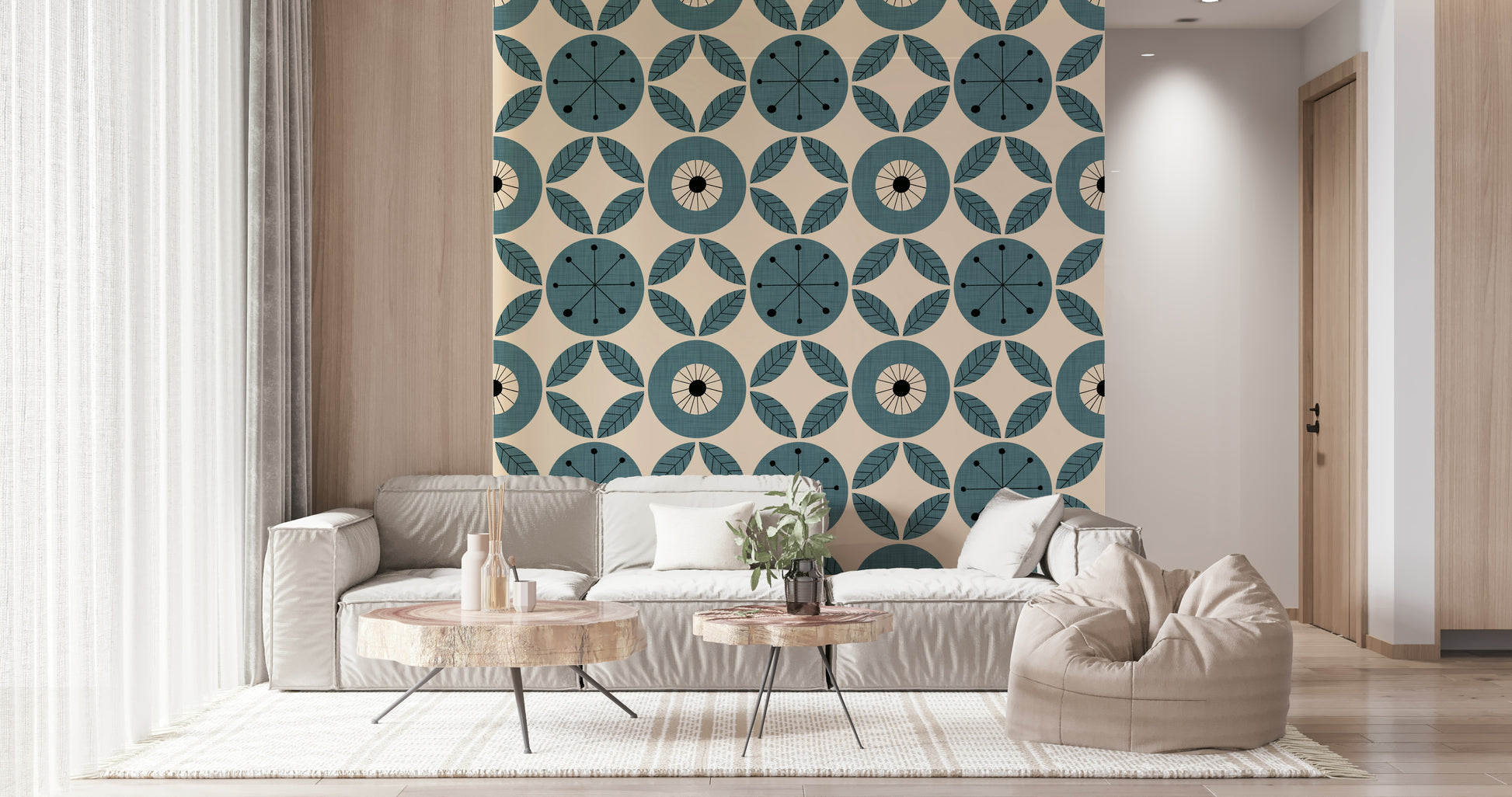 A retro wallpaper displaying teal circular motifs surrounded by symmetrical leaf-like shapes.