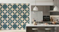 A repeating teal pattern wallpaper featuring stylized circular designs with dotted centers.