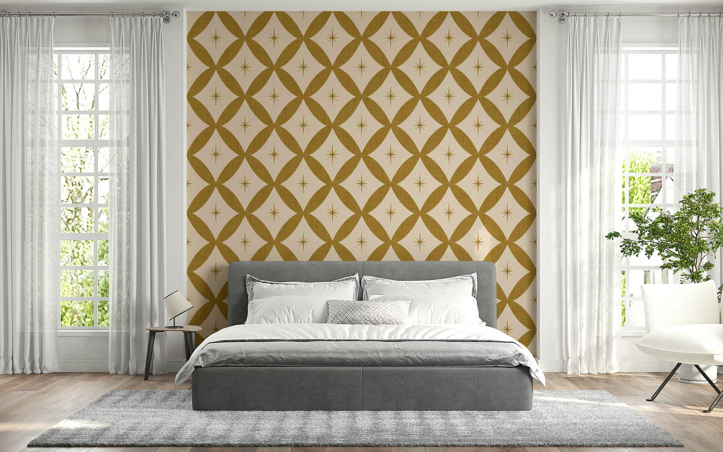 Warm geometric wallpaper featuring golden interlocking diamond shapes and atomic-style stars.