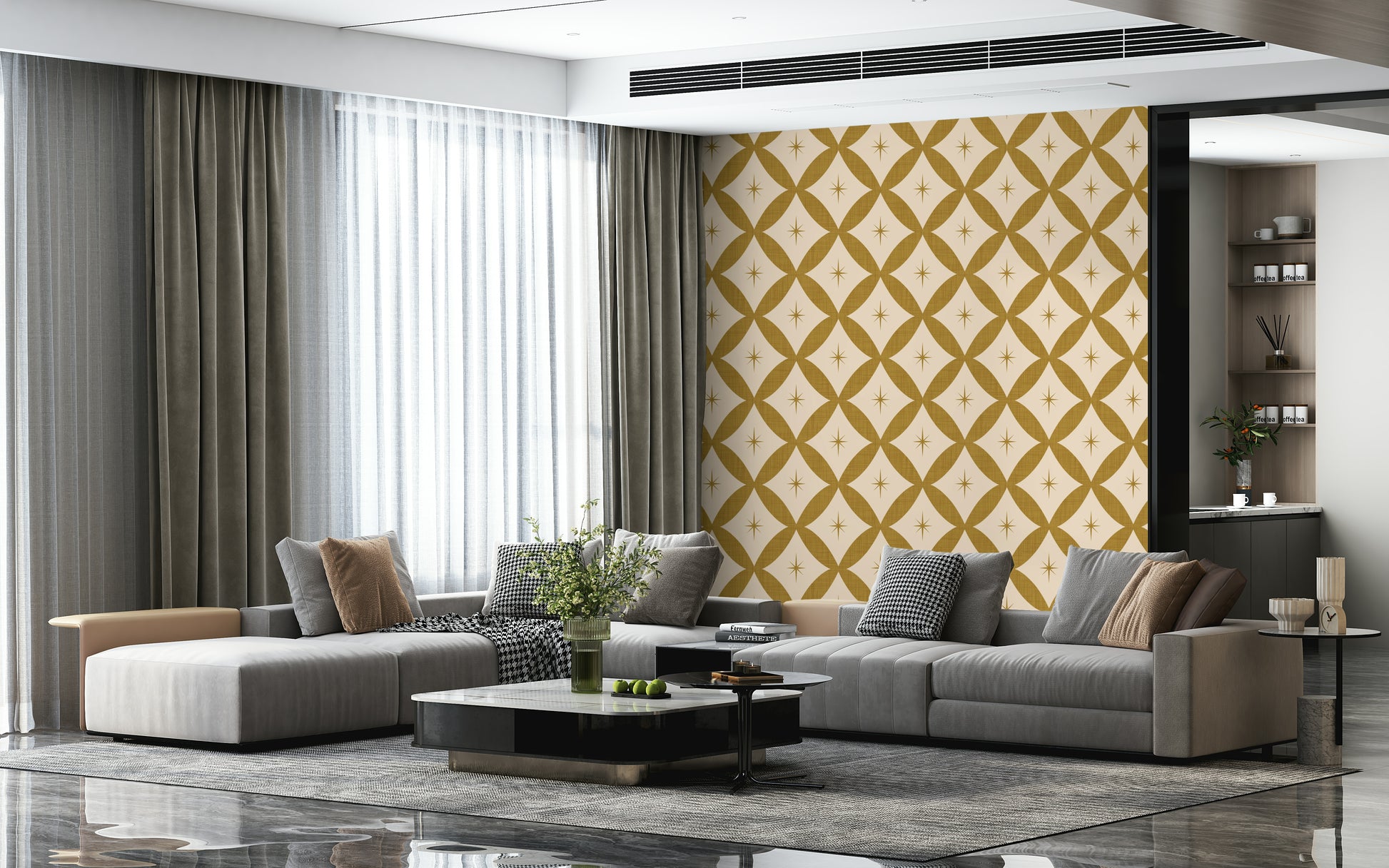 Mid-century inspired wallpaper with interlocking golden diamonds and delicate star accents.