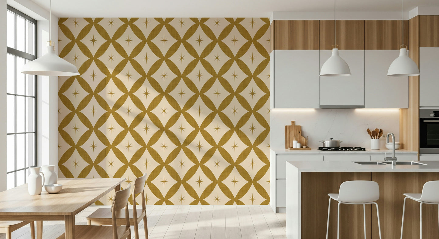 Decorative retro wallpaper with repeating diamond loops and centered star motifs in warm tones.