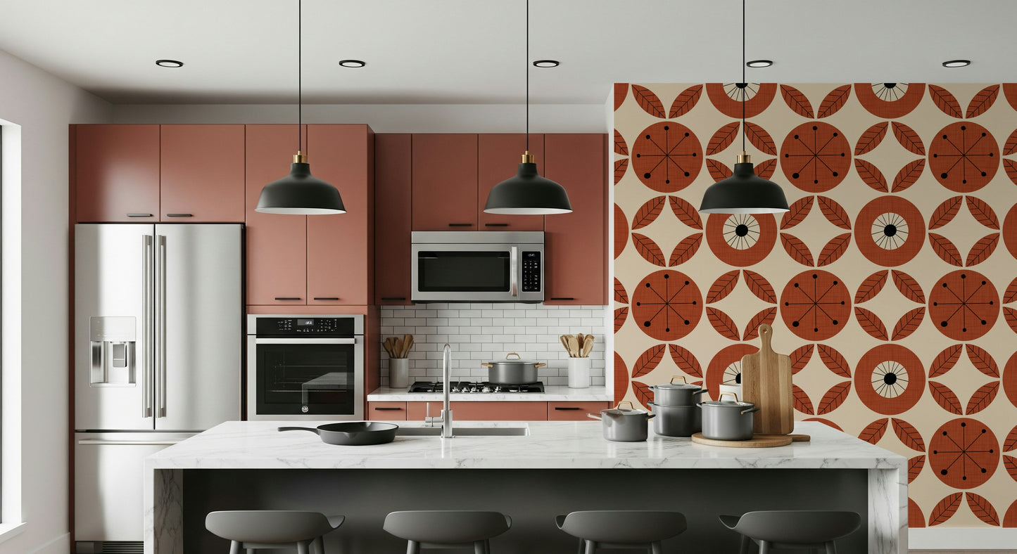 Decorative retro wallpaper with large circular blooms and repeating leaf motifs on a cream background.