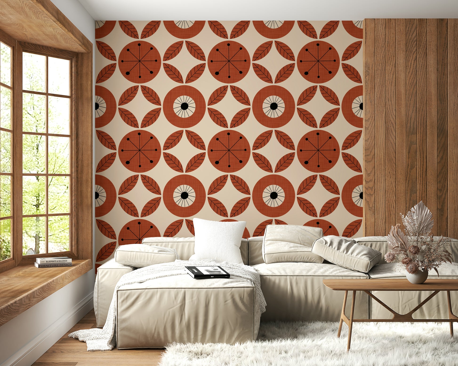 Patterned wallpaper showcasing modernist blooms with dotted centers and leaf groupings.