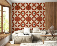 Patterned wallpaper showcasing modernist blooms with dotted centers and leaf groupings.