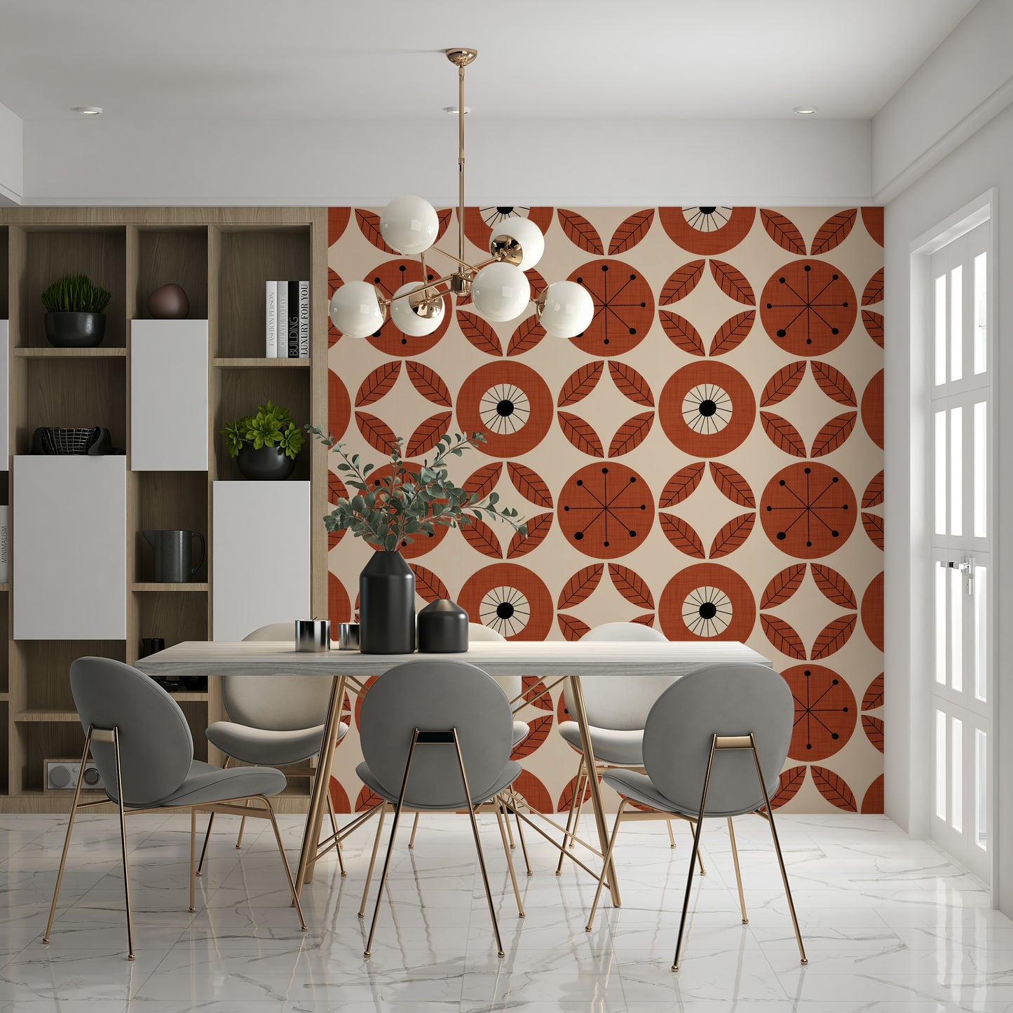Geometric retro wallpaper with terracotta blooms surrounded by stylized leaf shapes.