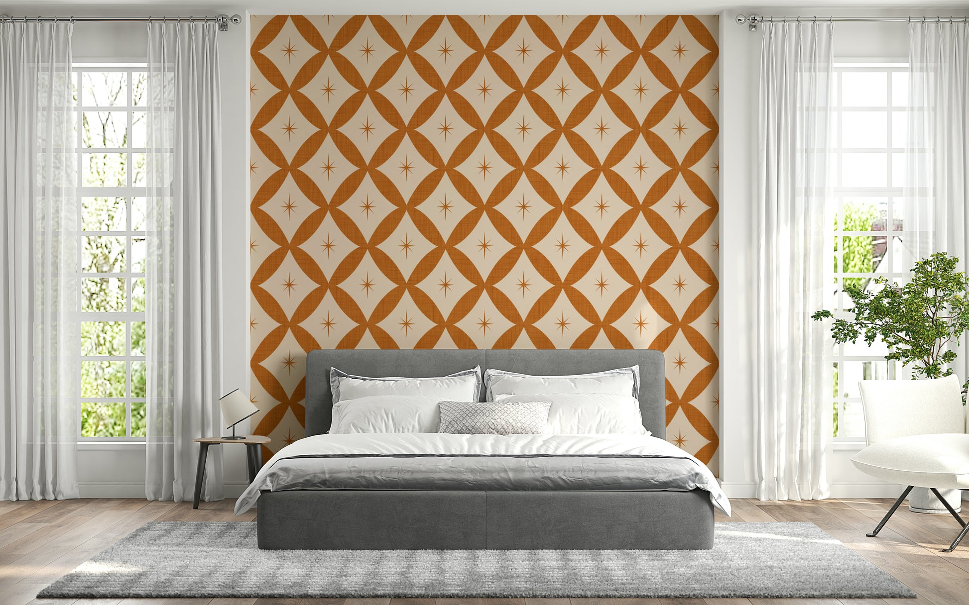 Chic vintage geometric wallpaper featuring terracotta shapes interwoven with star designs.