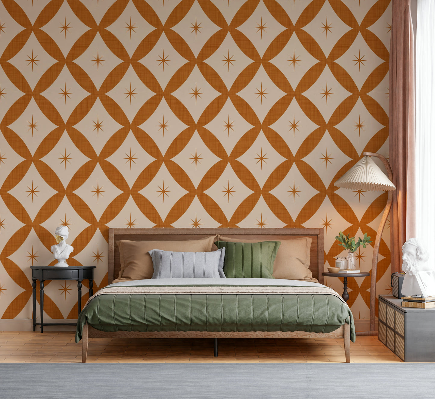 Vintage wallpaper showcasing terracotta lattice patterns paired with subtle star accents.