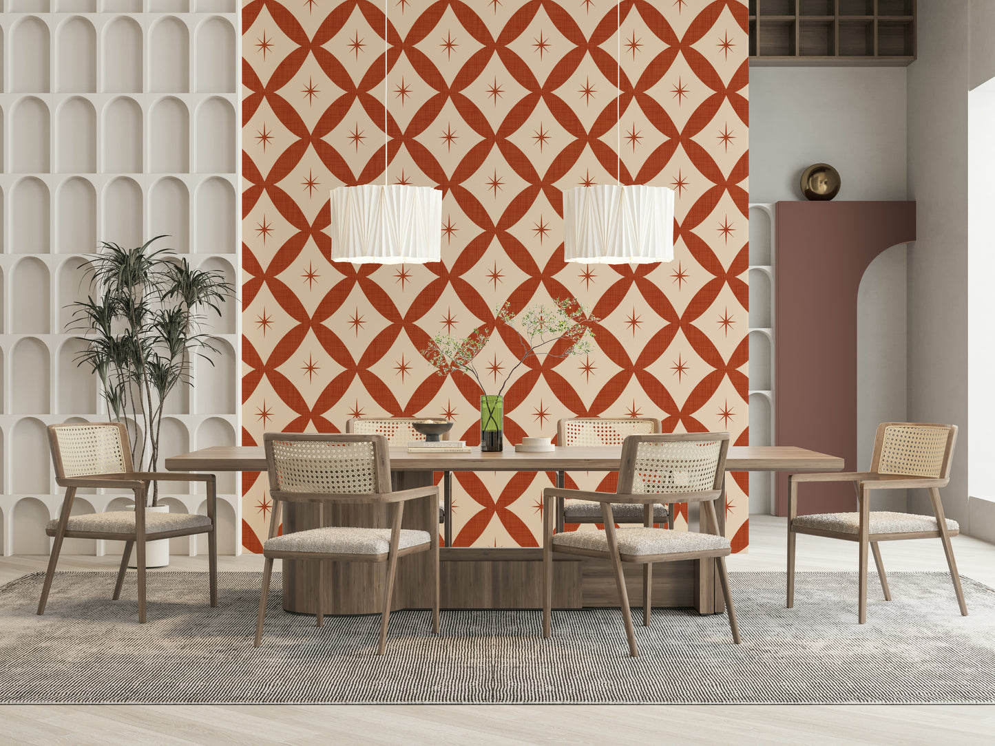 Retro starburst tile wallpaper featuring terracotta diamond shapes with central star motifs.
