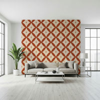 Classic mid-century tile pattern wallpaper with terracotta lattice and star motifs.