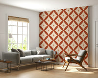 Chic vintage tile wallpaper blending diamond lattice shapes with terracotta starbursts.