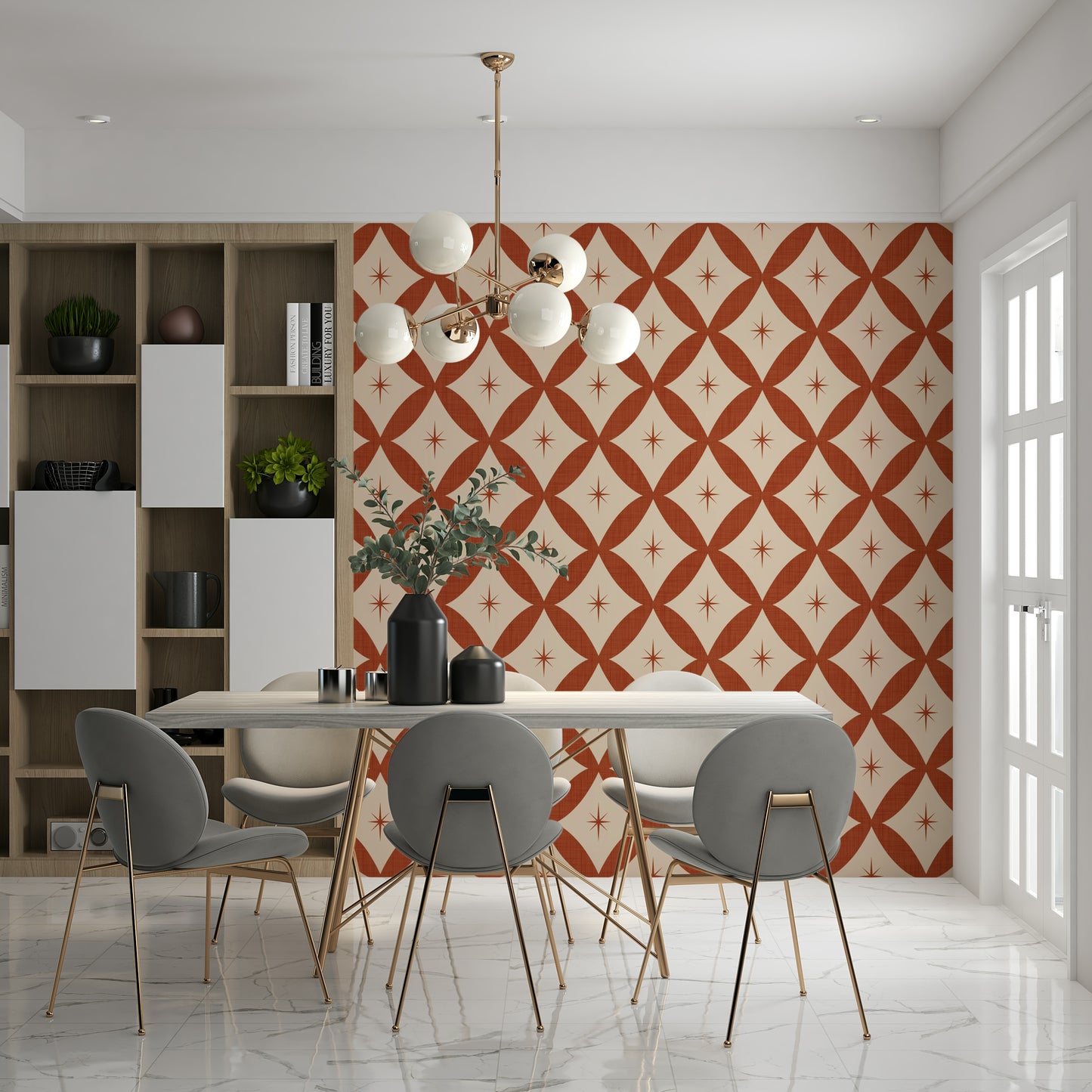 Geometric retro tile wallpaper with interlocking diamond shapes and small starbursts.