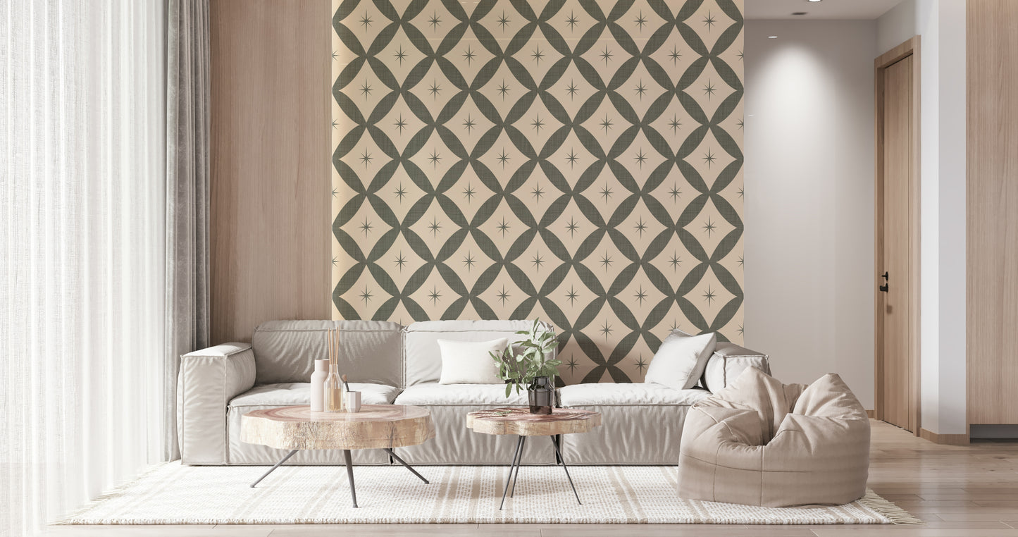 Chic vintage geometric wallpaper featuring olive lattice diamonds and starburst motifs.