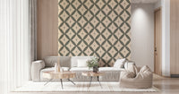 Chic vintage geometric wallpaper featuring olive lattice diamonds and starburst motifs.