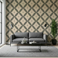 Mid-century inspired wallpaper with repeating geometric diamonds and delicate star motifs.