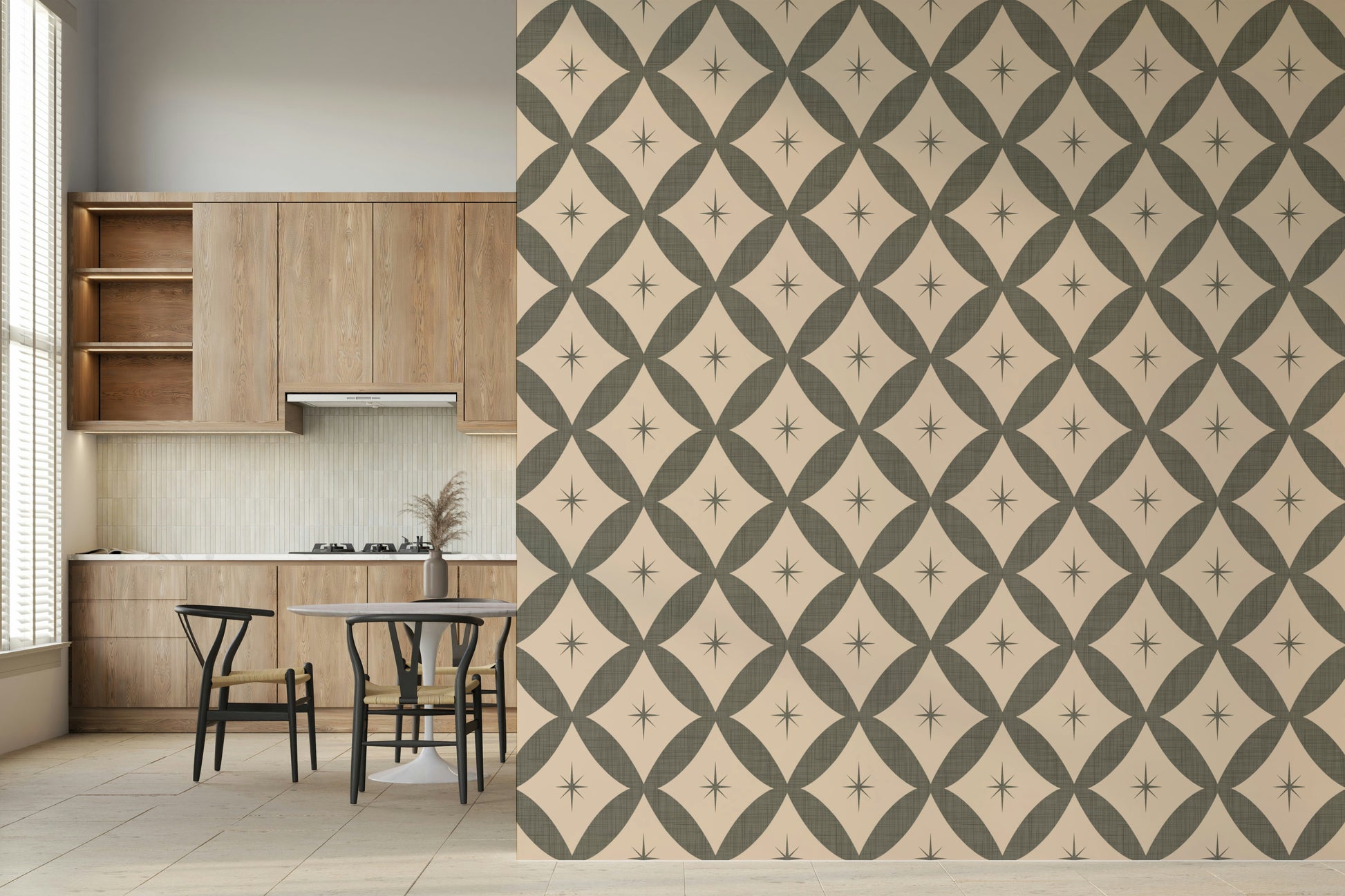 Retro starburst wallpaper combining diamond grid shapes with small atomic-style stars.