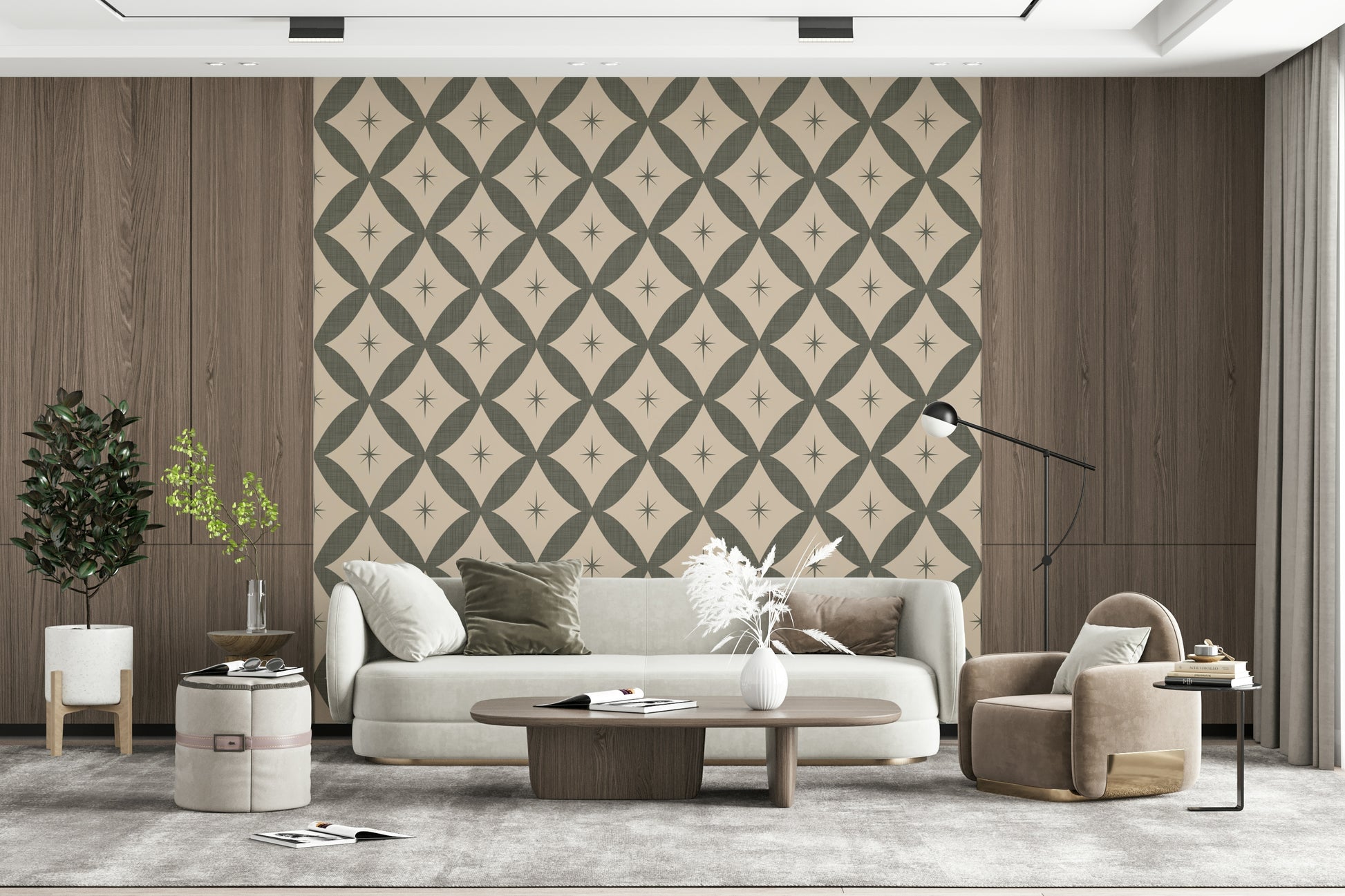 Decorative wallpaper with green geometric diamonds and minimalist atomic star touches.