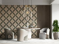 Patterned wallpaper with repeating diamond shapes and soft atomic star embellishments.