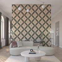 Retro atomic starburst wallpaper featuring green diamond lattice shapes with small starbursts.