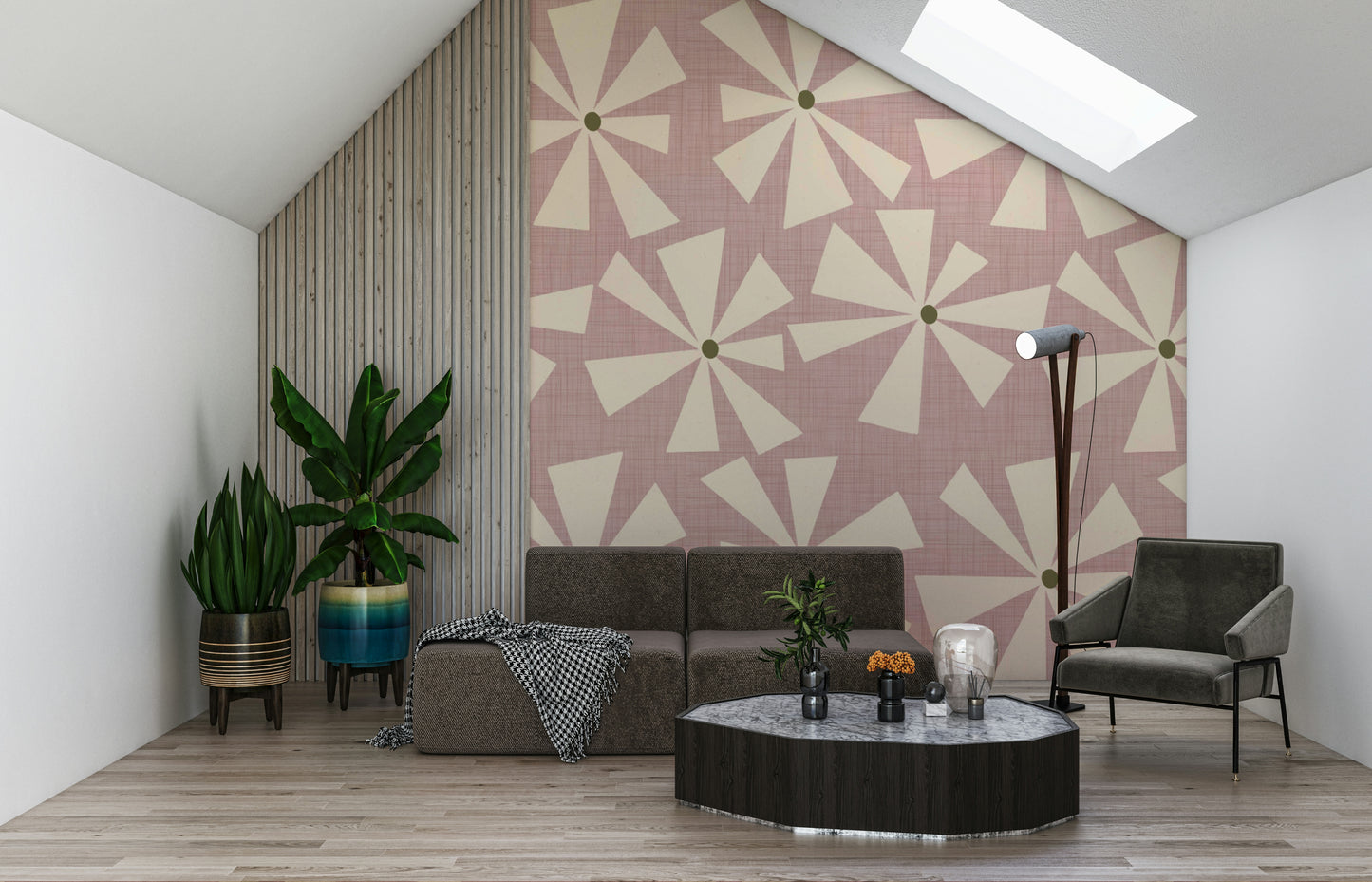 Retro-inspired wallpaper featuring pinwheel-style blooms in a soft pink mid-century design.